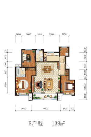 紫涵樾府B户型-4室2厅2卫1厨建筑面积138.00平米