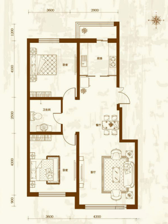润和西部尚城E户型-2室2厅1卫1厨建筑面积105.54平米