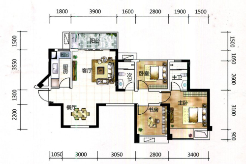 大唐听海二期B户型-3室2厅2卫1厨建筑面积83.00平米