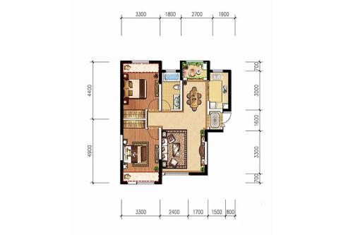 德杰·德裕天下H1户型-2室2厅1卫1厨建筑面积83.16平米
