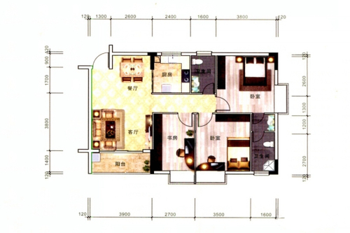恒华新城一期1-4#标准层A4户型-3室2厅2卫1厨建筑面积106.03平米