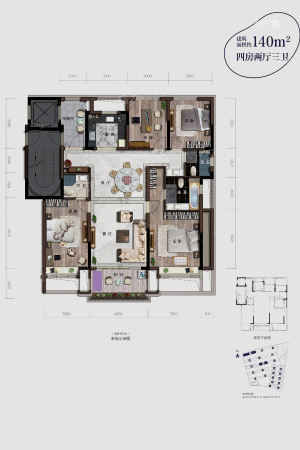 香港兴业耦园140方平层户型-4室2厅3卫1厨建筑面积140.00平米