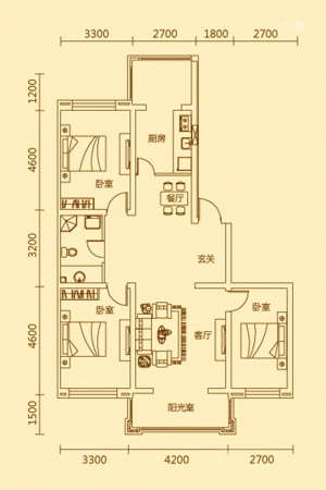 艾格尔e国际J户型-3室2厅1卫1厨建筑面积116.35平米