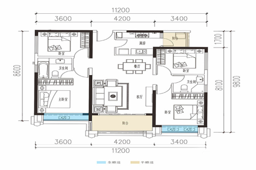 珠江青云台一期1-5号楼标准层E户型-4室2厅2卫1厨建筑面积132.00平米