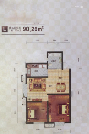 龙之梦·畅园L户型-2室2厅1卫1厨建筑面积90.26平米