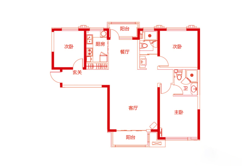 万达城C6栋C2户型-3室2厅2卫1厨建筑面积130.00平米