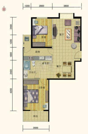 紫金新干线B11户型（售完）-2室1厅1卫1厨建筑面积86.52平米