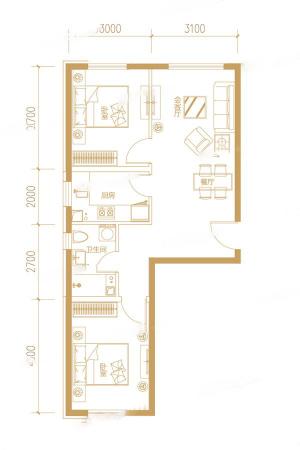 远洋7号6#2至13层A户型-2室2厅1卫1厨建筑面积86.87平米