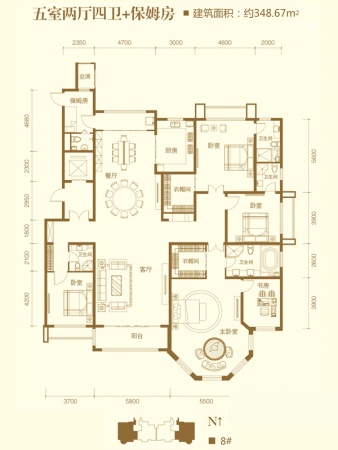 星河盛世城一期8#标准层E3户型-5室2厅4卫1厨建筑面积348.67平米