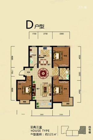 万源雅筑D户型-3室2厅2卫1厨建筑面积121.00平米