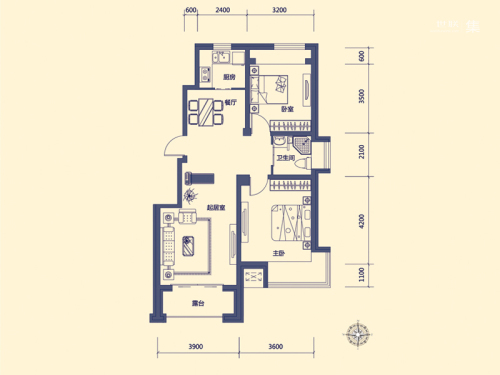 隆都世界湾悦湾户型-2室2厅1卫1厨建筑面积92.00平米