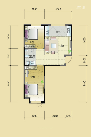 东逸美郡二期F户型-2室1厅1卫1厨建筑面积78.89平米