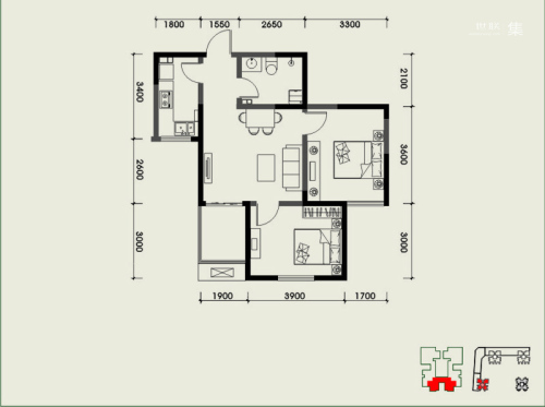 经发新北居1-4号楼B4户型-2室2厅1卫1厨建筑面积73.69平米