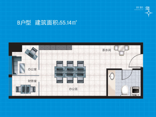 世纪公馆公寓楼标准层B户型-1室1厅1卫1厨建筑面积55.14平米