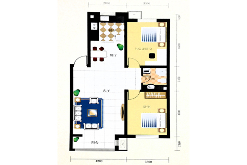 名仕雅居G户型-2室2厅1卫1厨建筑面积98.50平米