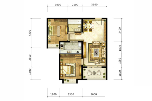 九宫馆2#标准层B户型-2室2厅1卫1厨建筑面积87.91平米