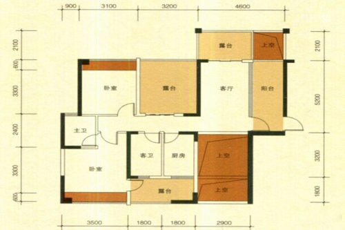 海悦华府一期1#、2#、6#楼A1户型-2室1厅2卫1厨建筑面积89.64平米
