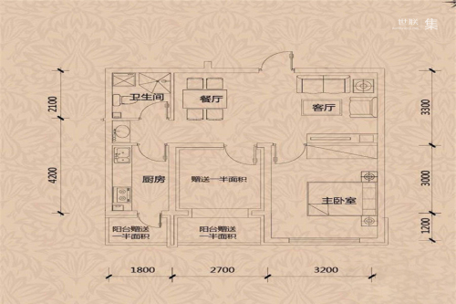 格林·香颂G户型-1室2厅1卫1厨建筑面积64.00平米