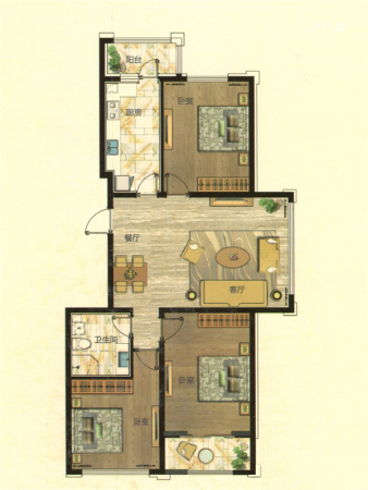 生活汇7#B户型-3室1厅1卫1厨建筑面积132.00平米