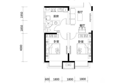 城市玫瑰园一期2G户型68平-2室2厅1卫1厨建筑面积68.64平米