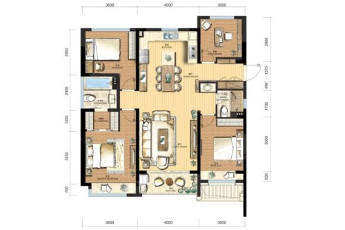 领航城116方户型-4室2厅2卫1厨建筑面积116.00平米