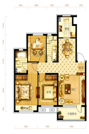 尚海印象C户型97.22㎡-3室2厅2卫1厨建筑面积97.22平米