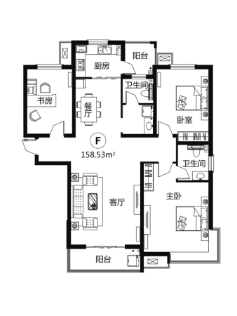 天玺名著14#标准层F户型-3室2厅2卫1厨建筑面积158.53平米