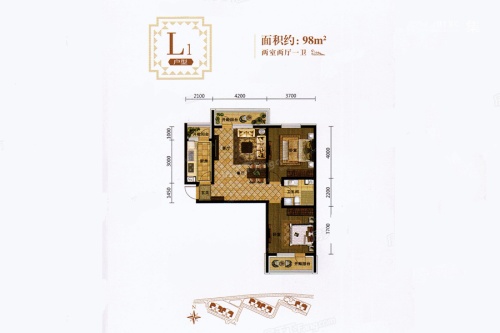 颐和城L1户型-2室2厅1卫1厨建筑面积98.00平米