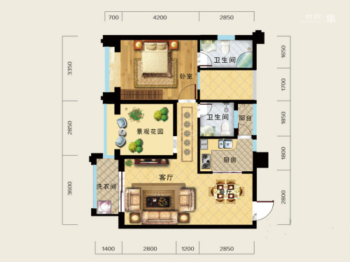 海城尚都一期1号楼A户型-1室2厅2卫1厨建筑面积78.76平米