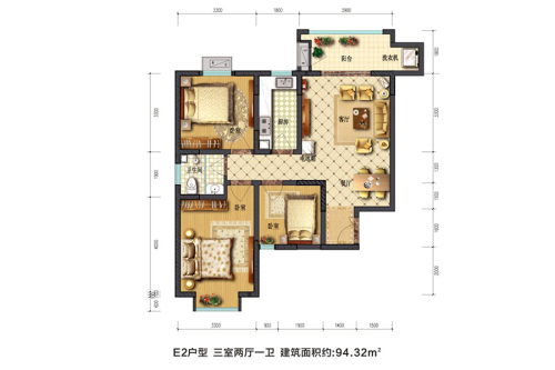摩卡思想家E2户型-3室2厅1卫1厨建筑面积93.58平米