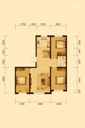 金阳万田二期I户型图-3室2厅1卫1厨建筑面积102.86平米