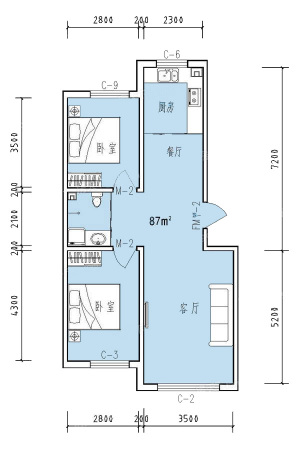 北影新城87平米户型图-2室2厅1卫1厨建筑面积87.00平米