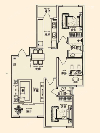 南郡豪庭C户型-3室2厅2卫1厨建筑面积120.00平米