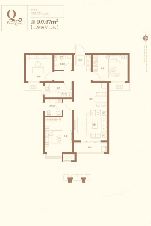 天海·博雅盛世D区Q户型-3室2厅2卫1厨建筑面积107.07平米