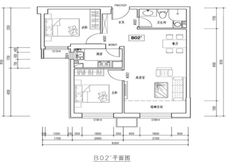 首开保利锦都家园B02’户型-B02’户型-2室2厅1卫1厨建筑面积88.00平米