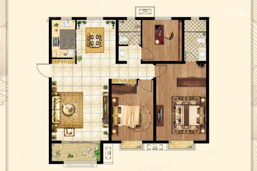 四建金海福苑135㎡D户型-3室2厅2卫1厨建筑面积135.00平米