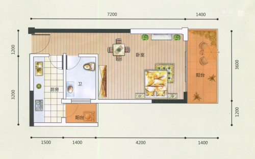 领秀一方一期F户型-1室0厅1卫1厨建筑面积38.69平米