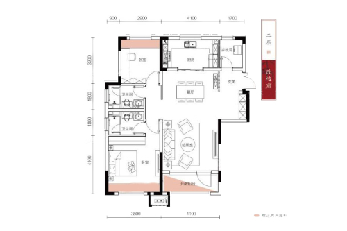 保利观唐116㎡户型改造前-3室2厅2卫1厨建筑面积116.00平米