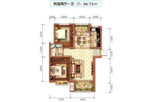 高远尚东城6#7#C3户型-2室2厅1卫1厨建筑面积96.73平米