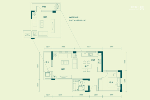 昊海·梧桐1期A4'户型6-9F、14-17F、22-25F-1室2厅1卫1厨建筑面积68.06平米