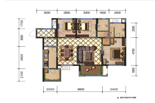 成都鲁能城2期4、5、6、8号楼H户型标准层-3室2厅2卫1厨建筑面积107.00平米