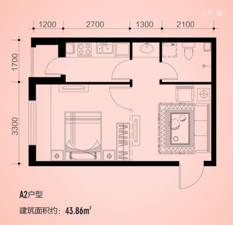 天缘水晶恋城A2户型-1室1厅1卫0厨建筑面积43.86平米