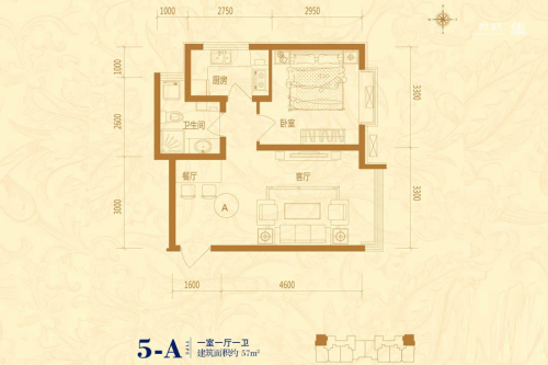 良城国际三期5#标准层A户型-1室1厅1卫1厨建筑面积57.00平米