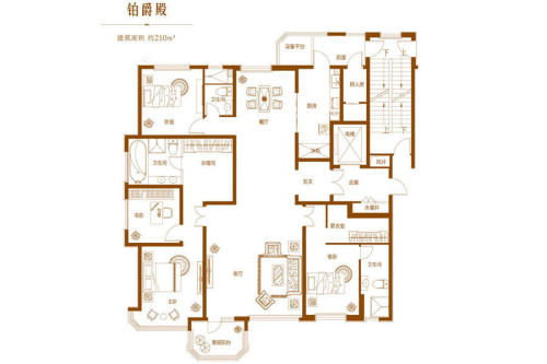 天山九峰标准层铂爵殿户型-5室2厅3卫1厨建筑面积210.00平米