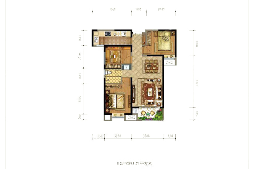 德杰·状元府邸B2户型-3室2厅1卫1厨建筑面积95.71平米