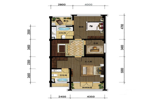 颐和城B户型二层-5室3厅4卫1厨建筑面积237.00平米