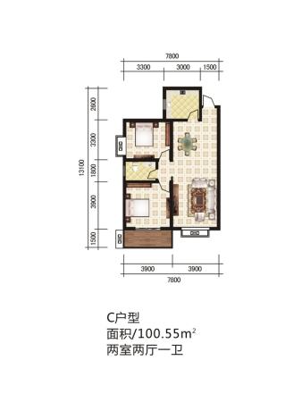 城西印象三期7号楼、8号楼C户型-2室2厅1卫1厨建筑面积100.55平米