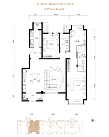 鸿坤·花语墅A3-3户型-2室2厅2卫1厨建筑面积144.00平米
