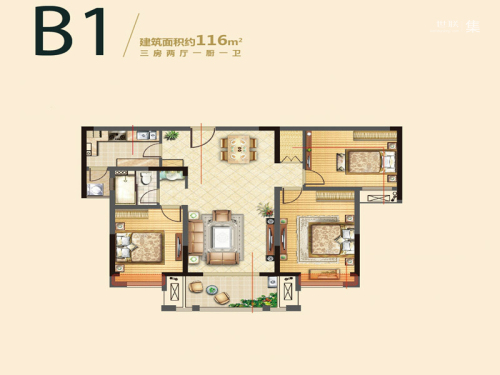 雍福龙庭一期44、45、46、65幢B1户型-3室2厅1卫1厨建筑面积116.00平米