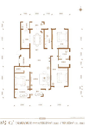 汇君城F8#标准层C2’户型-3室2厅2卫1厨建筑面积161.63平米